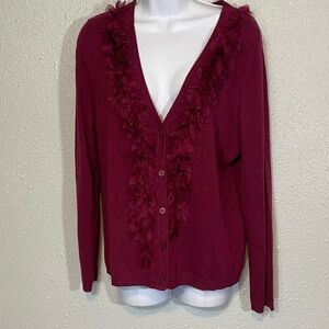 Garnet Hill Deep Maroon V-Neck Ruffle Cardigan